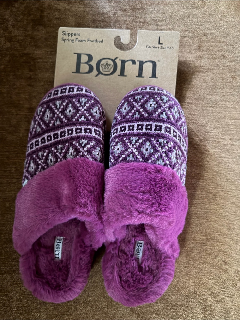 Born Women's Purple Patterned Plush Slip-On Slippers NWT